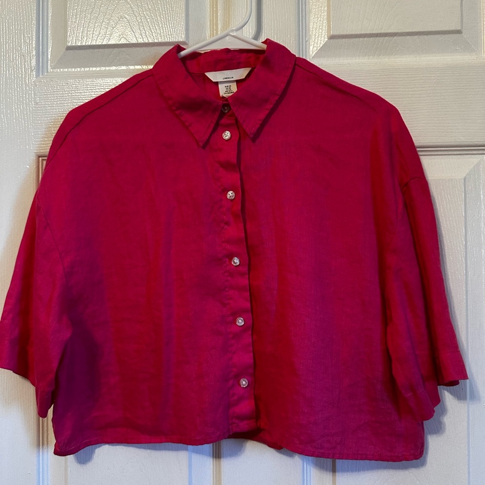 Women's Pink Linen Button-Up Top